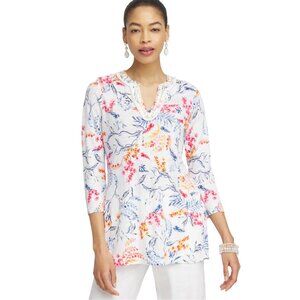 Chicos SZ 3 US XL Womens Nautical Floral Linen Tunic Top With Embellished Collar